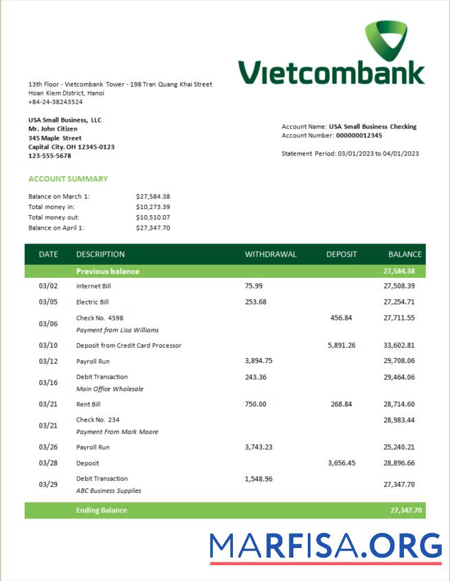 Blank Vietcombank business statement Word and PDF template
